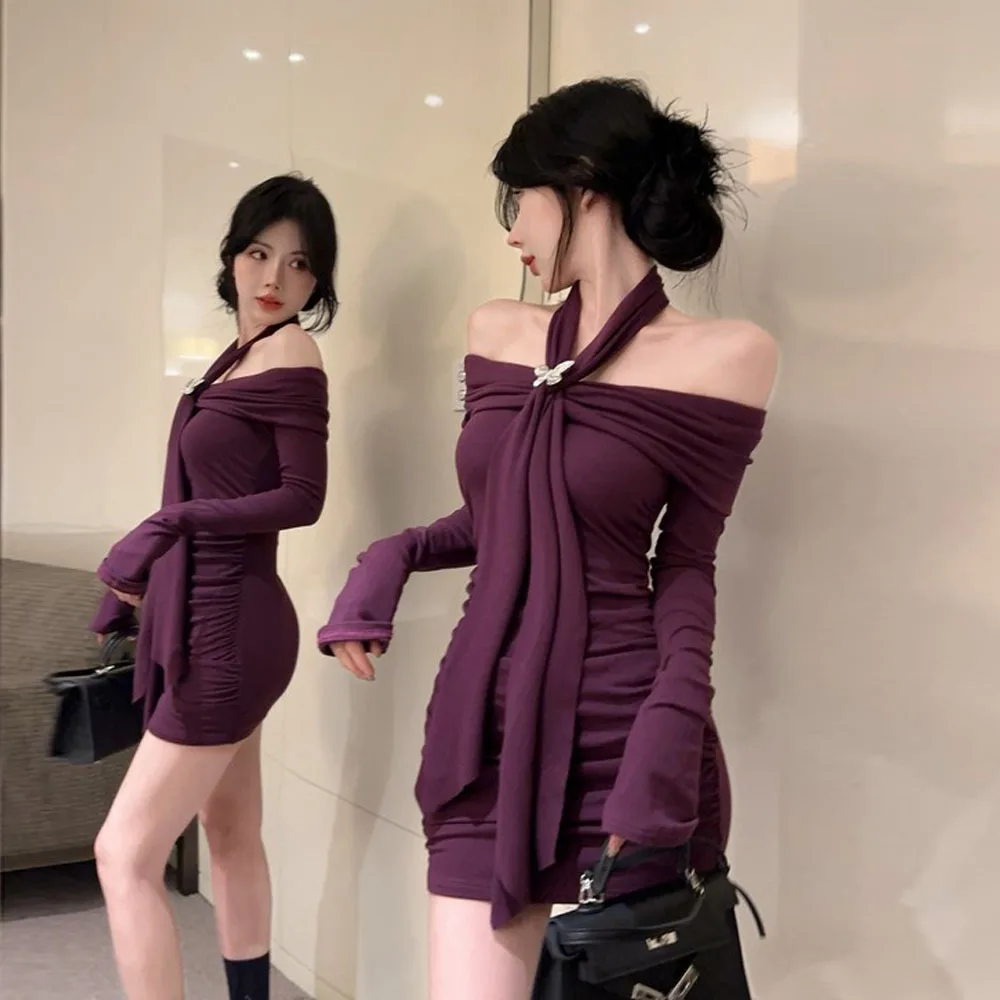 Sexy One-oulder Long-Sve Dr Purple Bodycon ort Skirt Cleanfit Low Waist Polyester Fabric Casual Everyday Wear