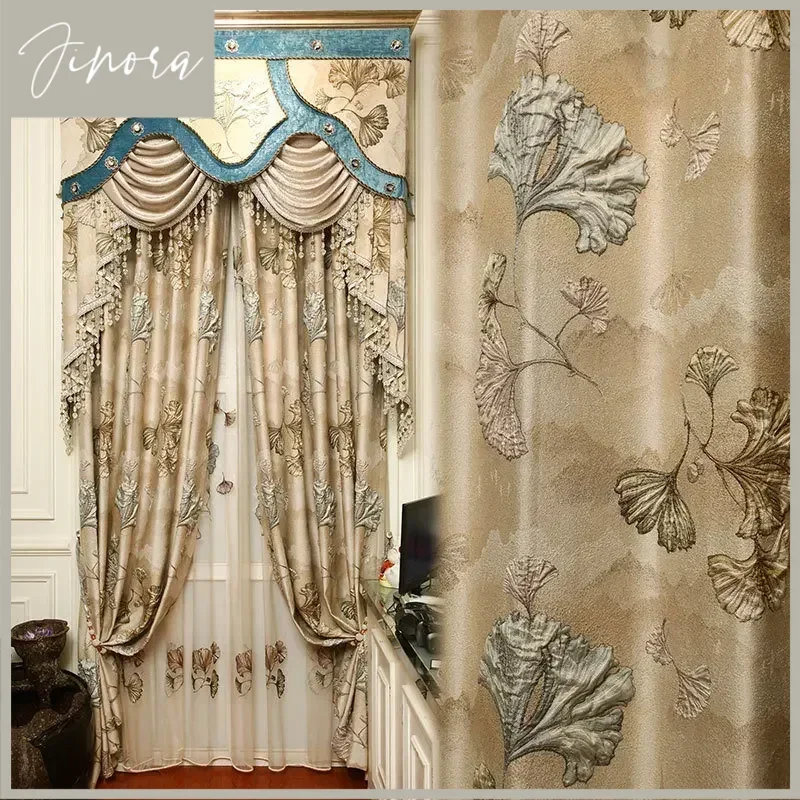 High-precision 4D Large Relief Curtains High-end Guest Dining Room Bedroom Luxury European-style Curtains Finished Ginkgo Leaf