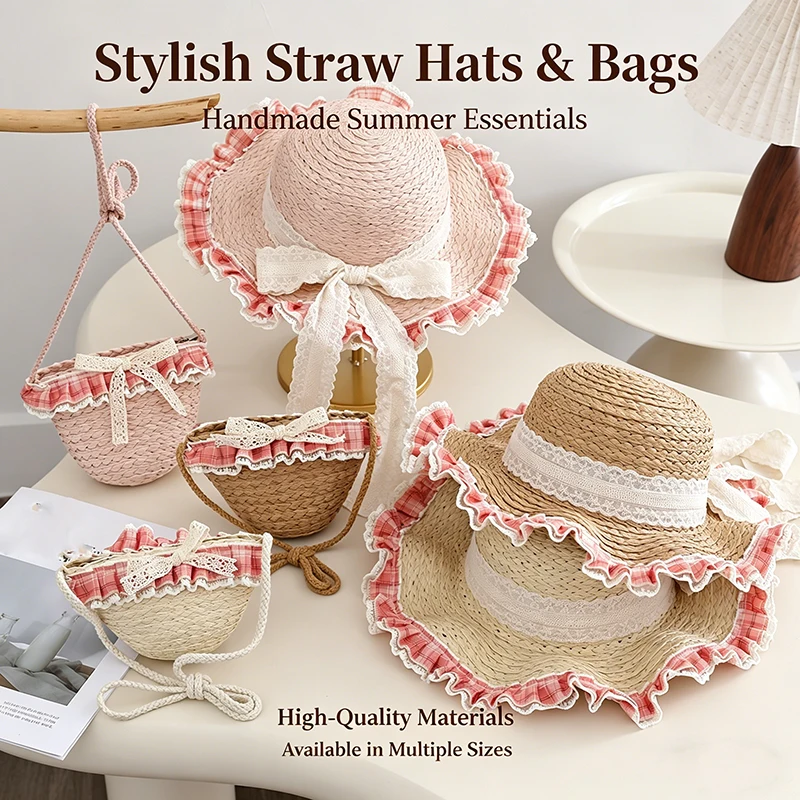 

Семейный комплект: соломенные шляпы и сумки, летние пляжные шляпы с кружевными оборками для мамы и детей, защита от УФ-излучения, с мини-сумочками