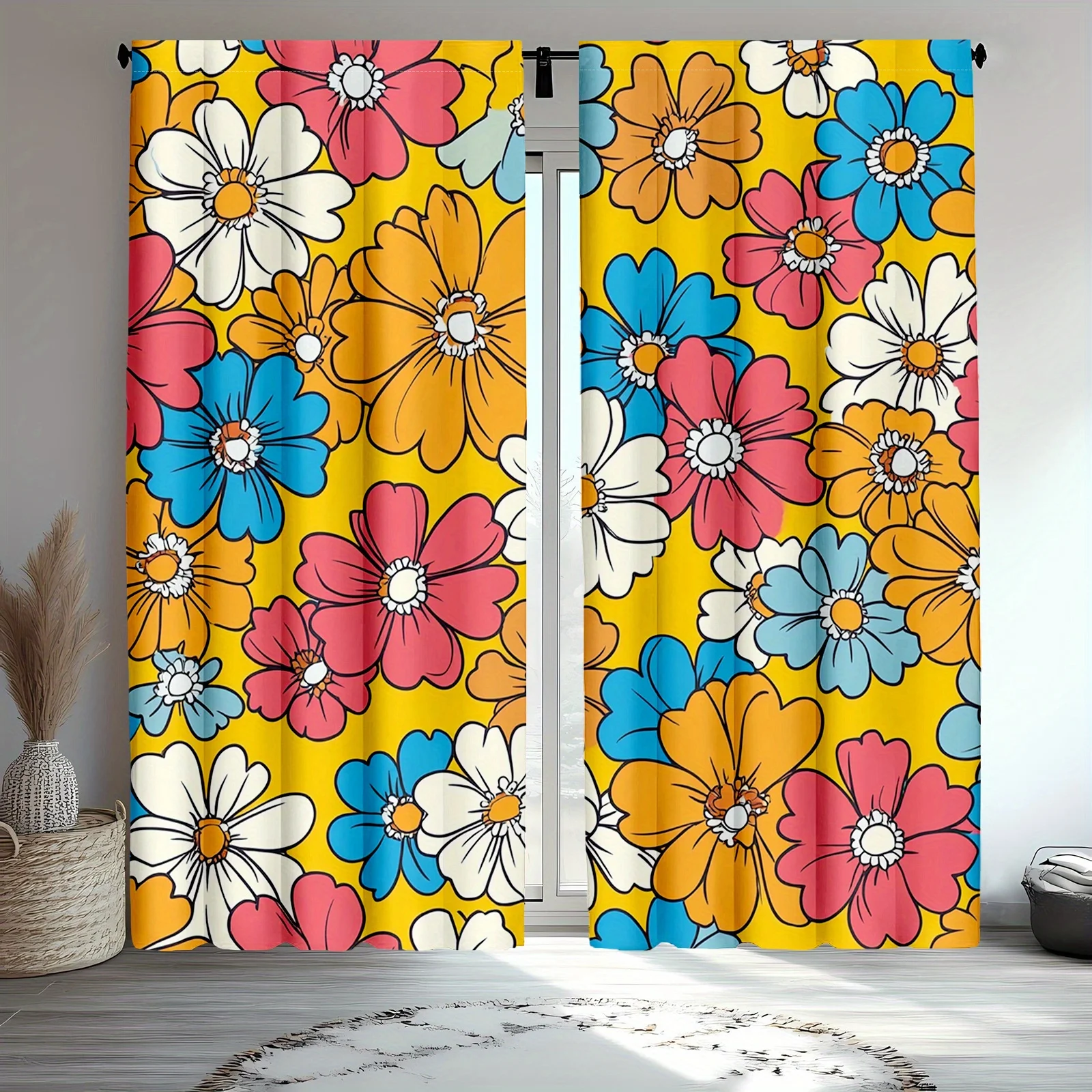 Decorative Floral Pattern Yellow Curtains 2pcs Pair Window Drapes Living Room Boho Home Decoration Curtain