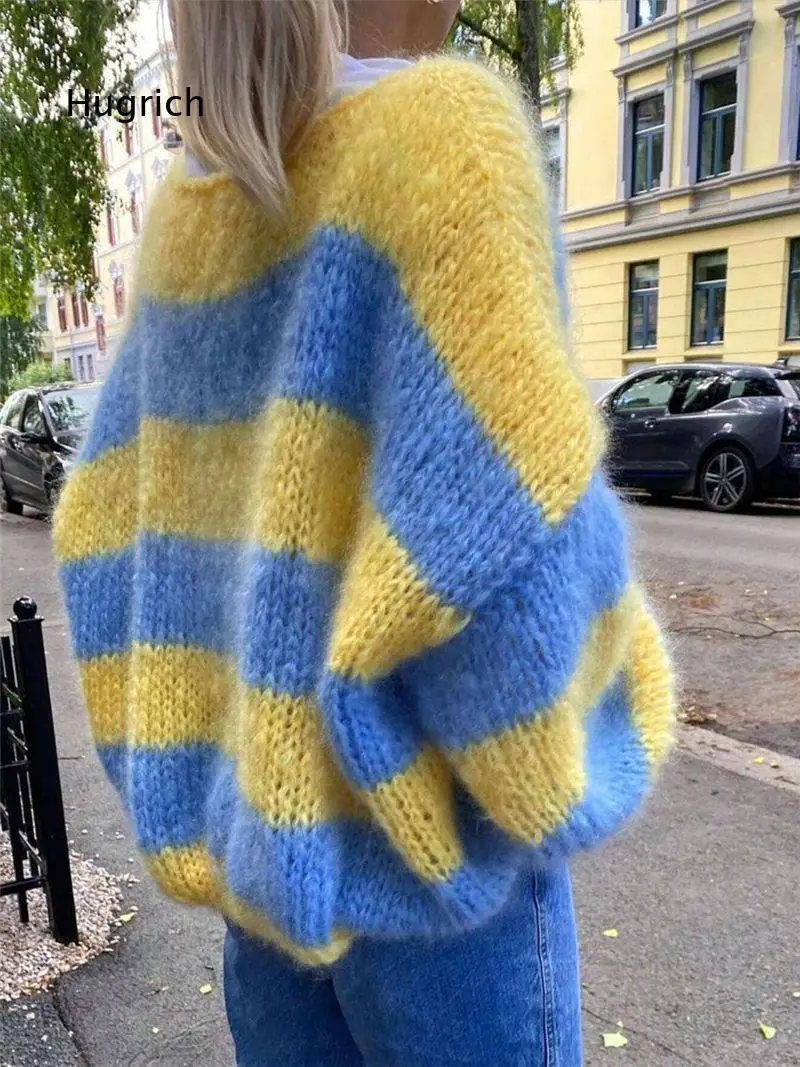 Women Crew Neck Knit Pullover Sweater Loose Lazy Gradient Stripe Color Block Top For Autumn Winter Daily Casual Wear
