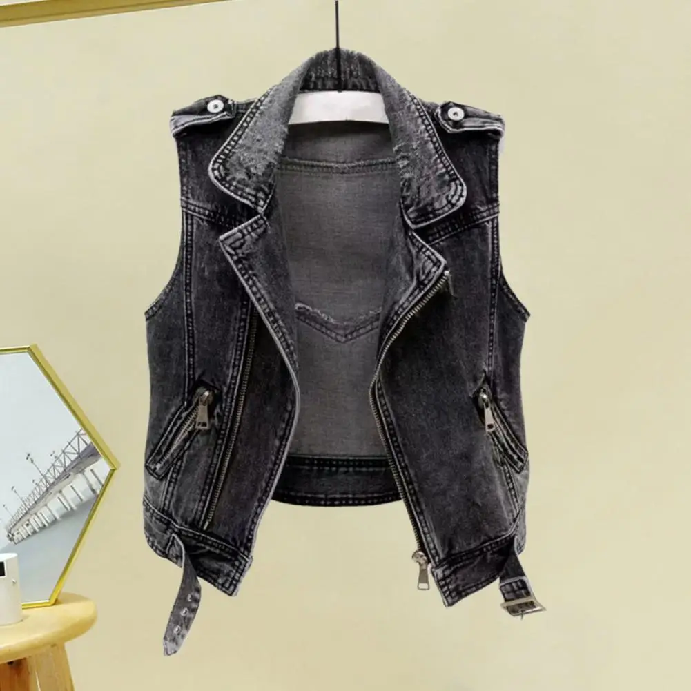 Women Denim Vest Sleeveless Lapel Solid Color Hip Hop Vintage Zip Up Zipper Pockets Streetwear Hip Hop Lady Spring Autumn Vest