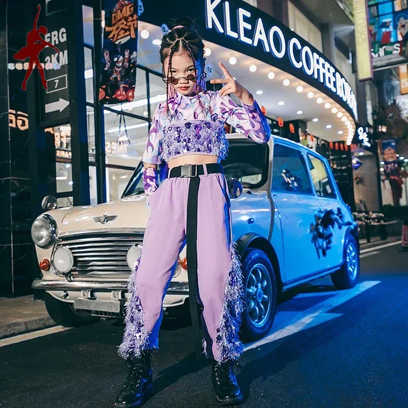 Kinder Street Hip Hop Mädchen Crop Top Lila Pailletten Jacke Jogger Kleidung Outfit Kind Mode Kostüm Teen Street Dance Hosen