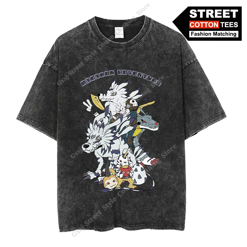 Digimon Adventure Gabumon Evolution Print T-shirts Cotton Washed Vintage Oversized T Shirt y2k Harajuku Casual Unisex Loose Tees