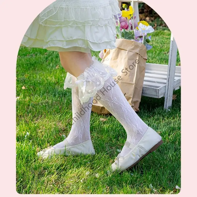 

D0LA Elegant Lace Trim Socks Bowknot Accent Baby Girls Socks for Everyday Comfort