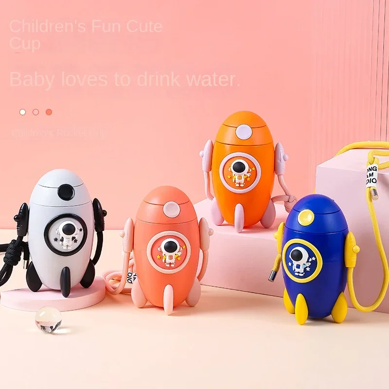 Baby Astronaut Portable Simple Water Cup High Temperature Water Bottle StrawChildren\'s Cartoon Rocket Cute Pot Belly CUP