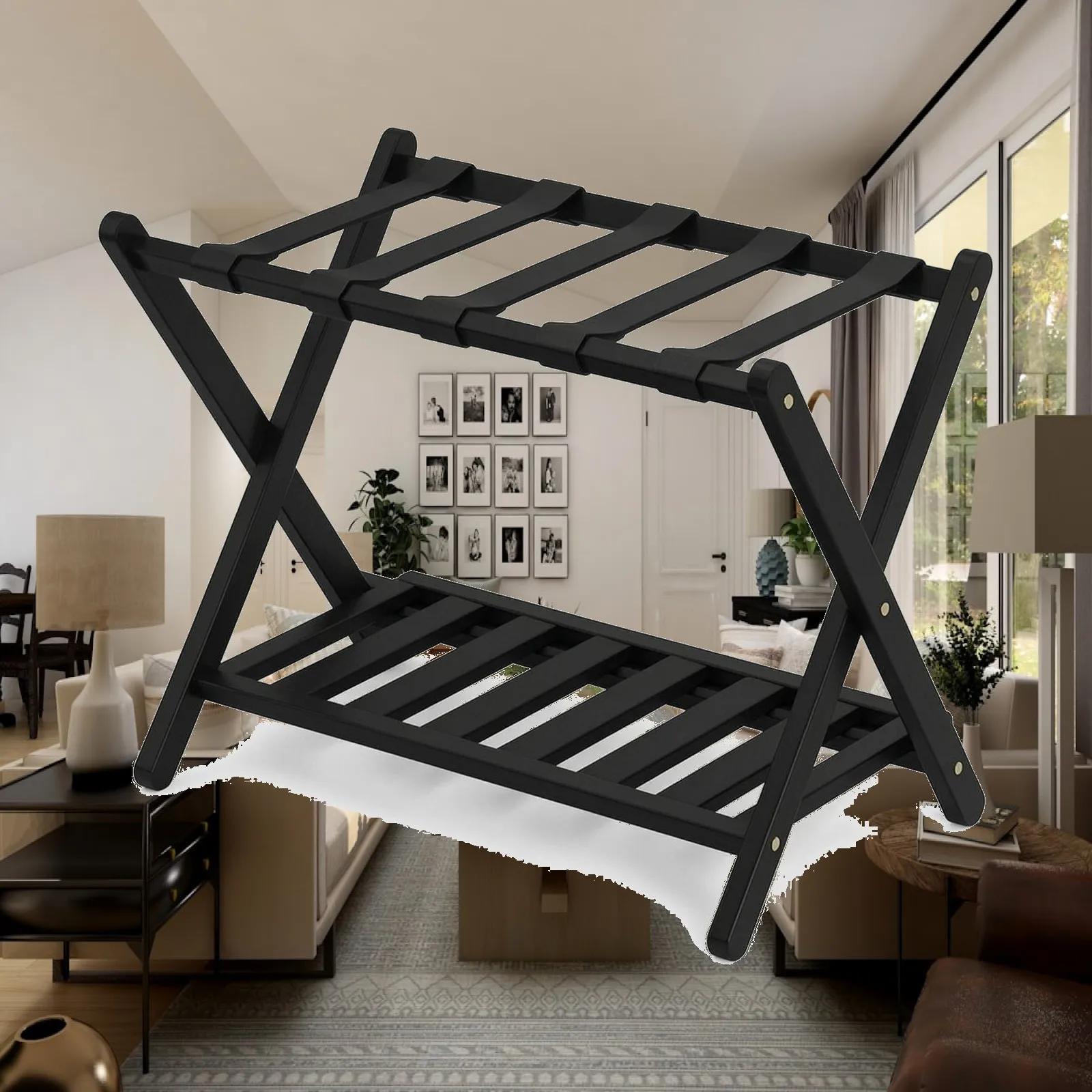 Bamboo Luggage Rack with Shelf Collapsible Luggage Rack with Shoe Shelf Folding Suitcase Stand Portable Stable for Guests