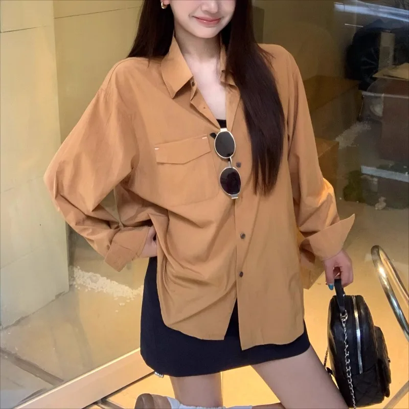 Korean Single-breasted Casual Orange Long-sleeved Shirt Women 2025 Autumn New Turn-down Collar Fashion All-match Loose Tops