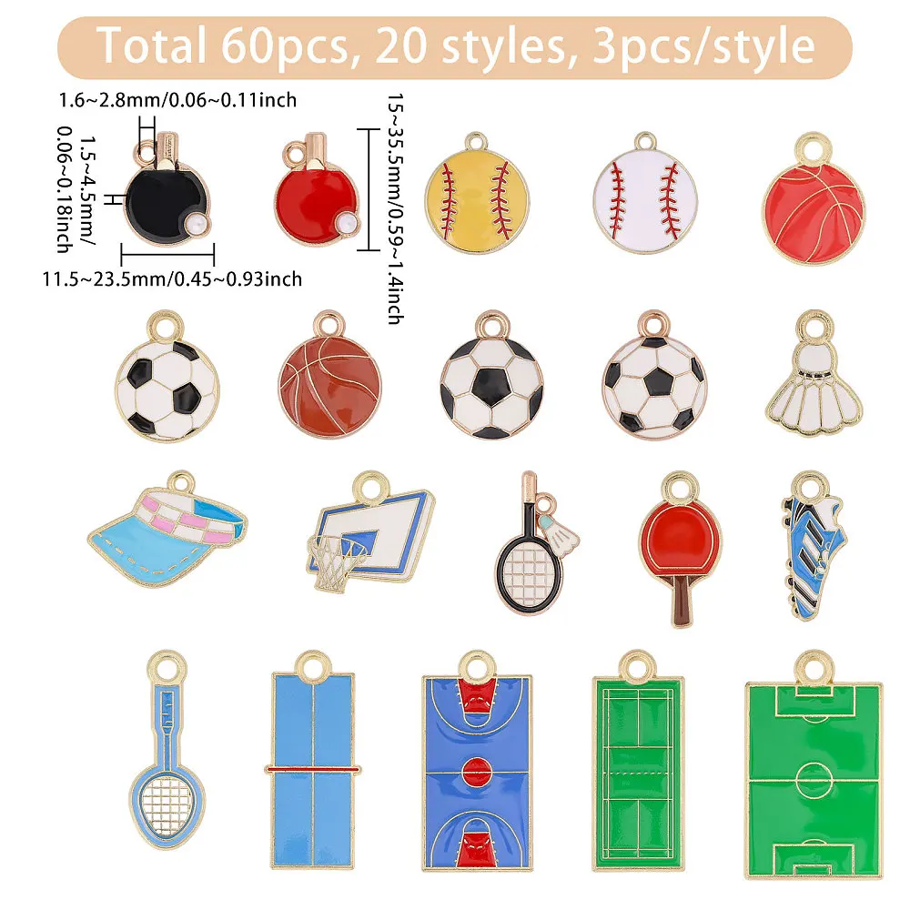60 Pcs Enamel Sports Charms Sports Ball Charms Basketball Baseball Pendant for Bracelet Necklace Earring Jewelry Handcraft