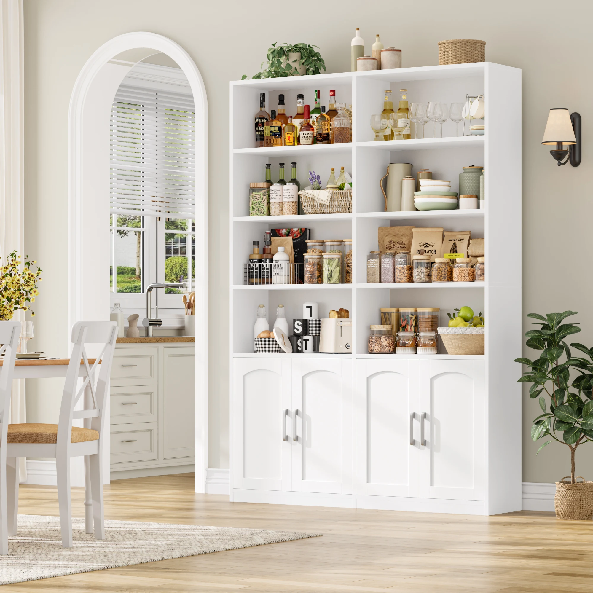 Getone Bücherregal Bücherschrank Hochschrank mit 12 Fächern 4 Türen Standregal für Wohnzimmer Büro Küche 115x27x185,5 cm