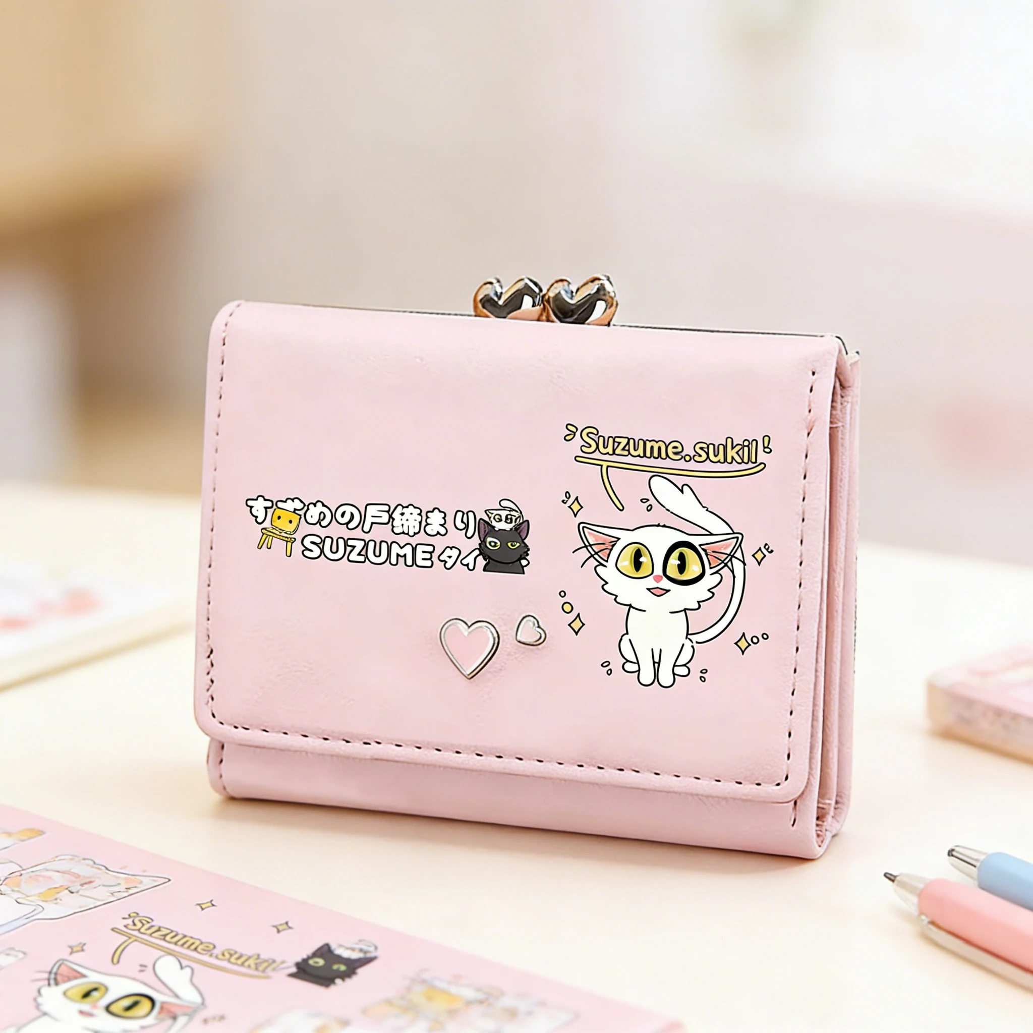 

Suzume Kawaii розовые короткие кошельки с героями мультфильмов, держатели для удостоверений личности, женские кошельки для маленьких монет, сумки для денег с изображением кота, клатч для девочек