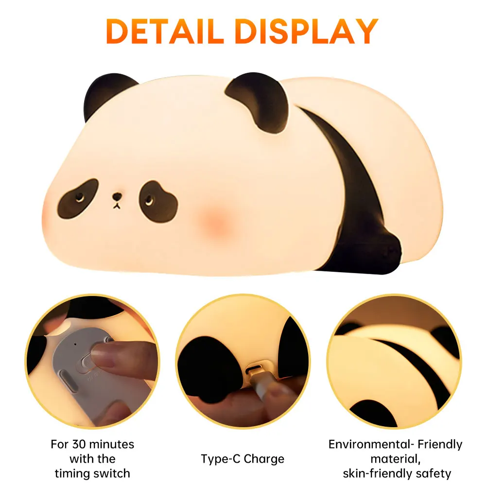 Imagem -04 - Cute Panda Led Night Light Silicone Pat Lamp Dimmable Dormir Atmosphere Timing Childrens Bedside Gift Engrenagens