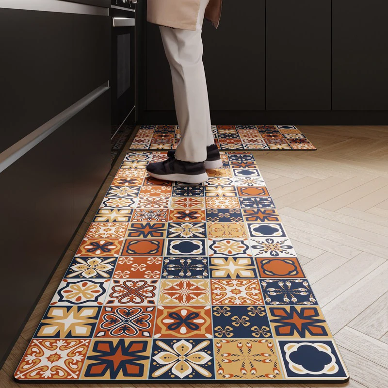 Vintage Bohemian Kitchen Rug Long Strip Carpet Non-slip Mats Dirty Resistant Oil-proof PVC Leather Washable Mat Tapis De Cuisine