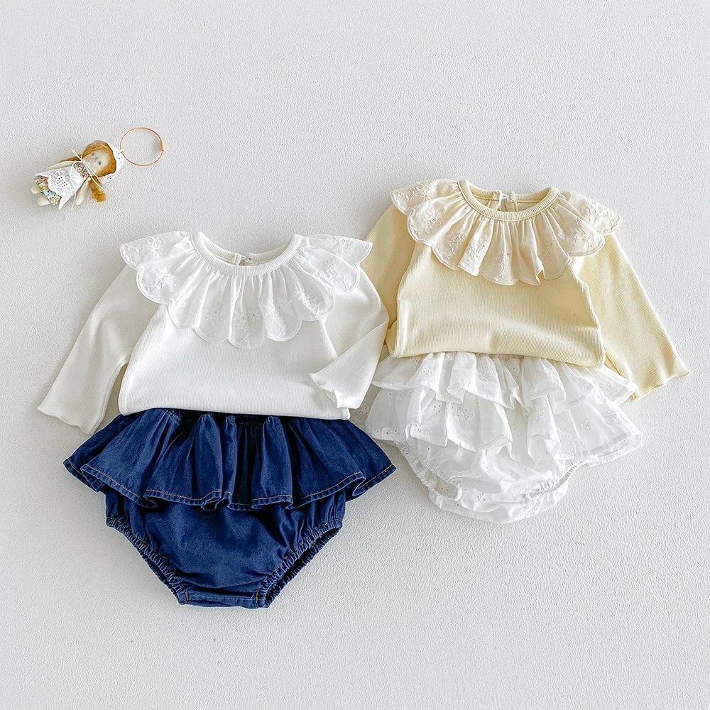 Summer Baby Girls White T-shirt Spring Lace Girls Casual Ruffle Shirt Long-Sleeve Tops Toddler Clothing 0-24m Infant Blouses