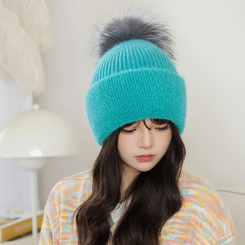 2024 Korean version fox fur ball knitted hat versatile ear protection thickened Angora rabbit fur wool hat fashionable