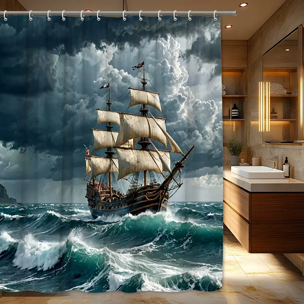 1pc Nautical Adventure Shower Curtain, Sailing Ship in Stormy Seas Design, Machine Washable Polyester Fabric with 12 Hooks,VVV