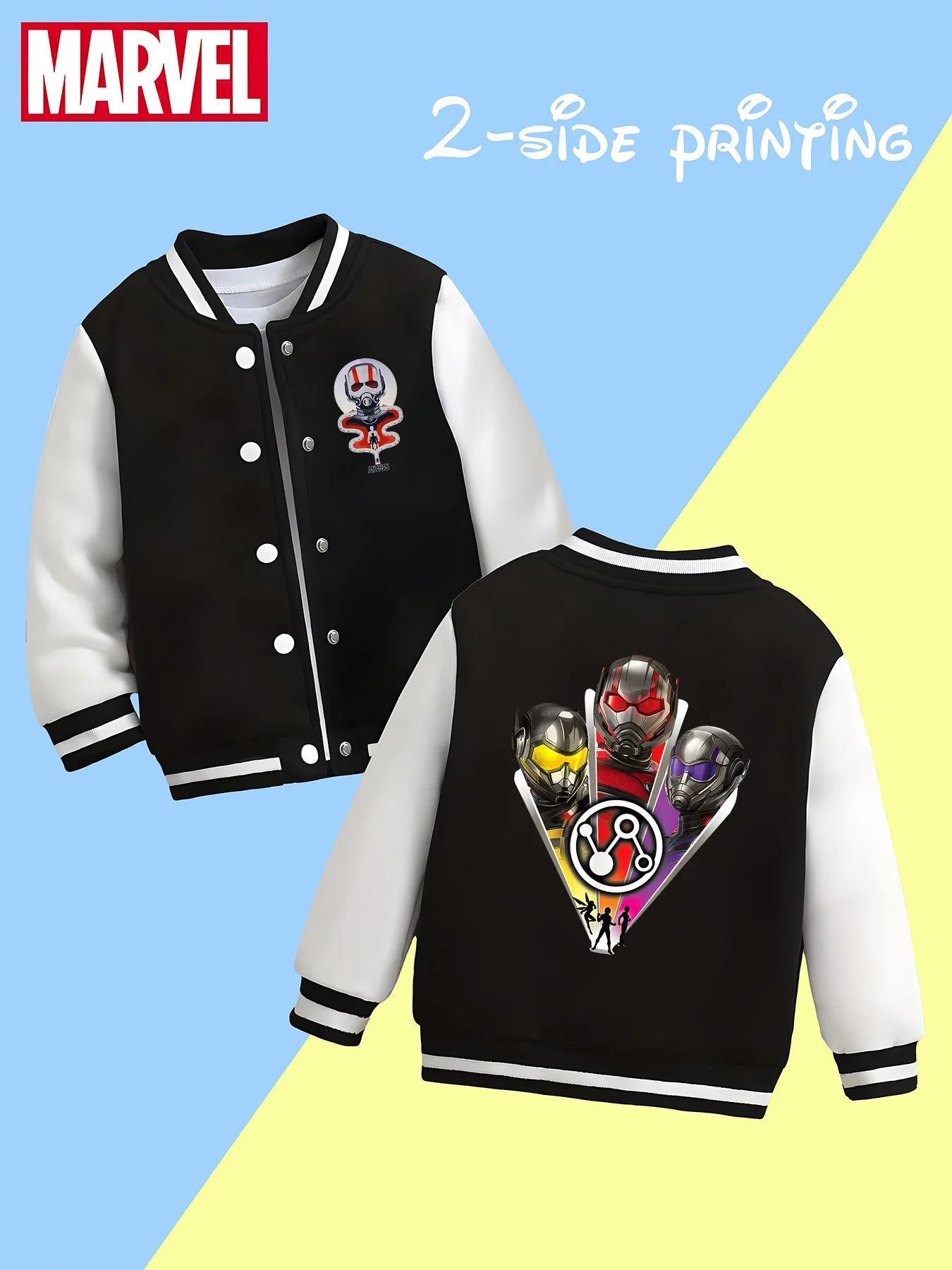 

MINISO Marvel Boys' Baseball Jacket - Ant-Man Team Print, Double-sided Pattern, Comfortable Fabric, Black and White, Fashionable