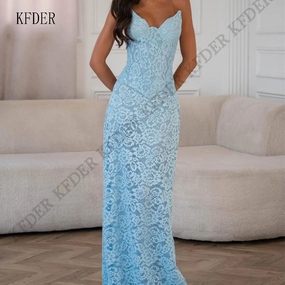 Sky Bule Sheath Women's Prom Dress Flowers Sleeveless Long Birthday Dress Lace Appliques Graduation Gown Customized