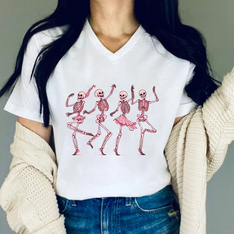 Dancing Skeletons Halloween Woman T-shirts Round Neck Pink Skeleton Print Funny Women Clothing Cute Skeletons Halloween T-Shirt