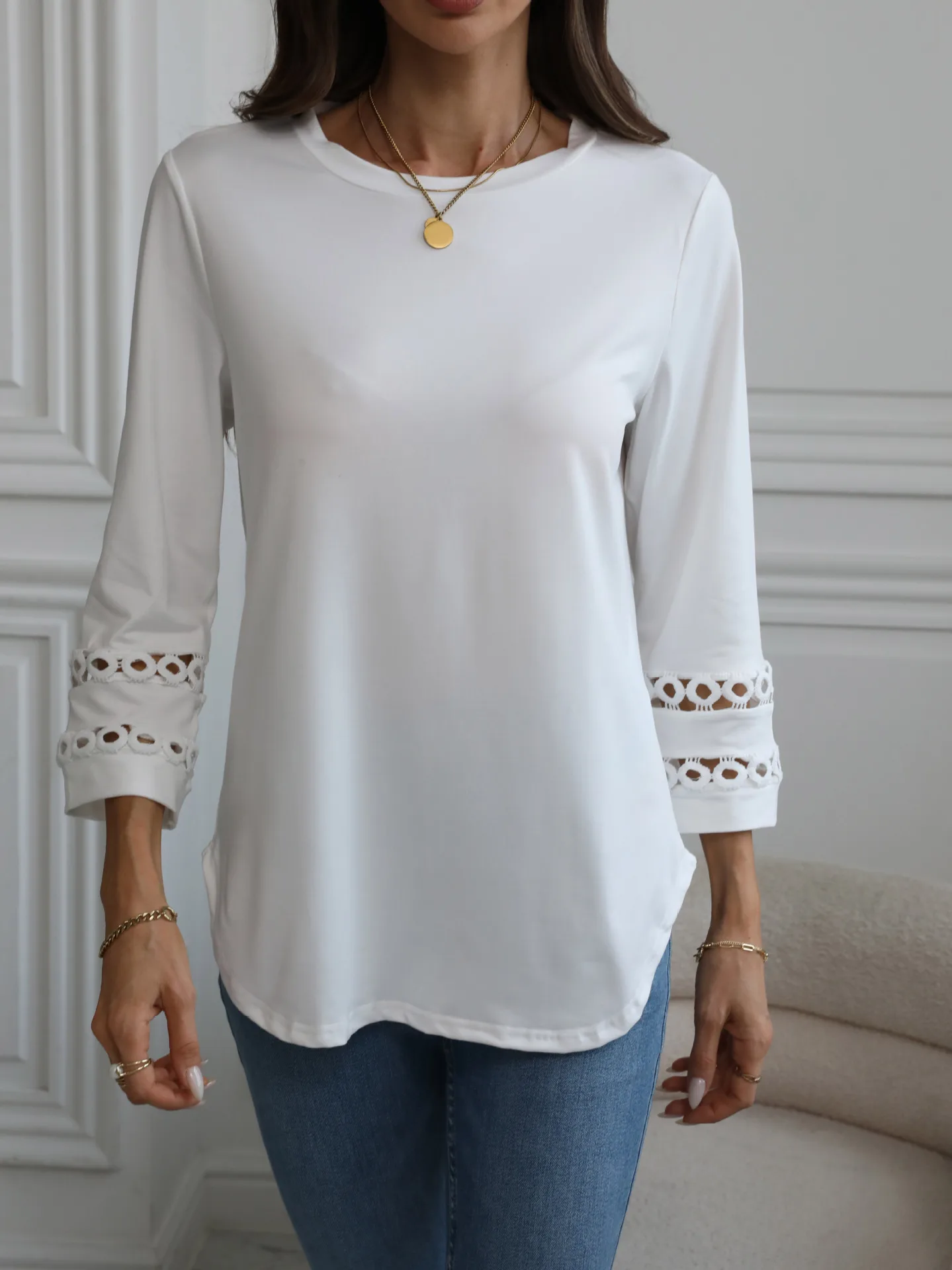 

Nice Women's Spring And Autumn Solid Color Loose Round Neck Patchwork Lace Seven-point Sleeve Casual T-shirt