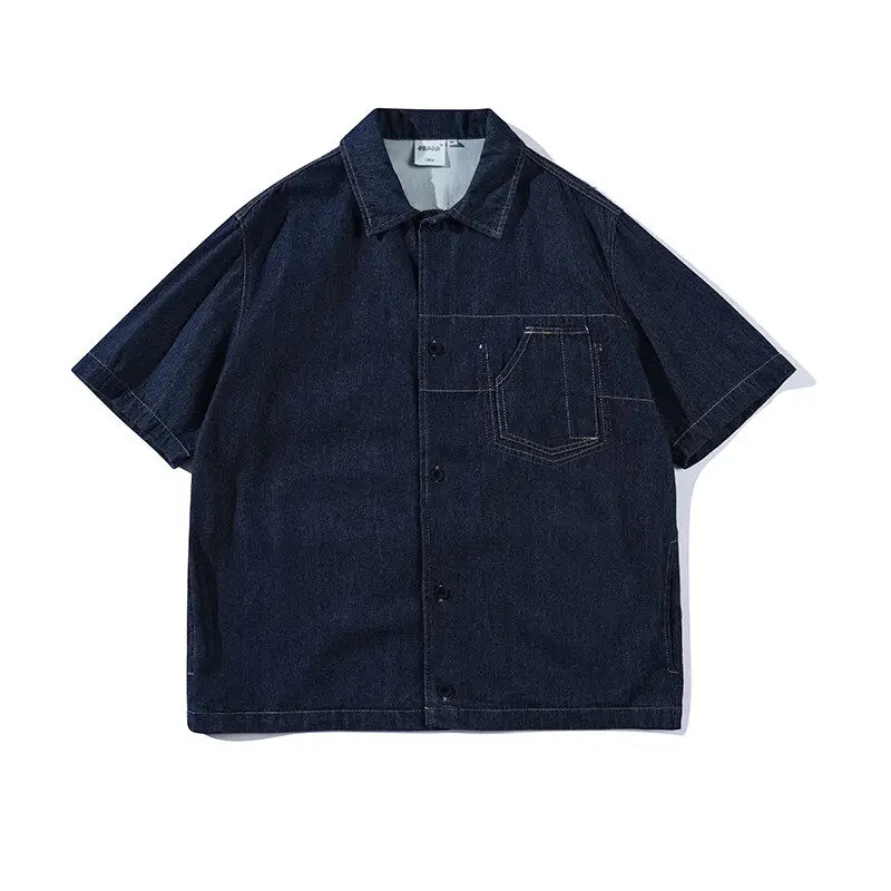 

Summer Street Sle Retro Japanese Ameika Waed Denim ort Sve Loose Workwear irt for Men And Women f Sve irt