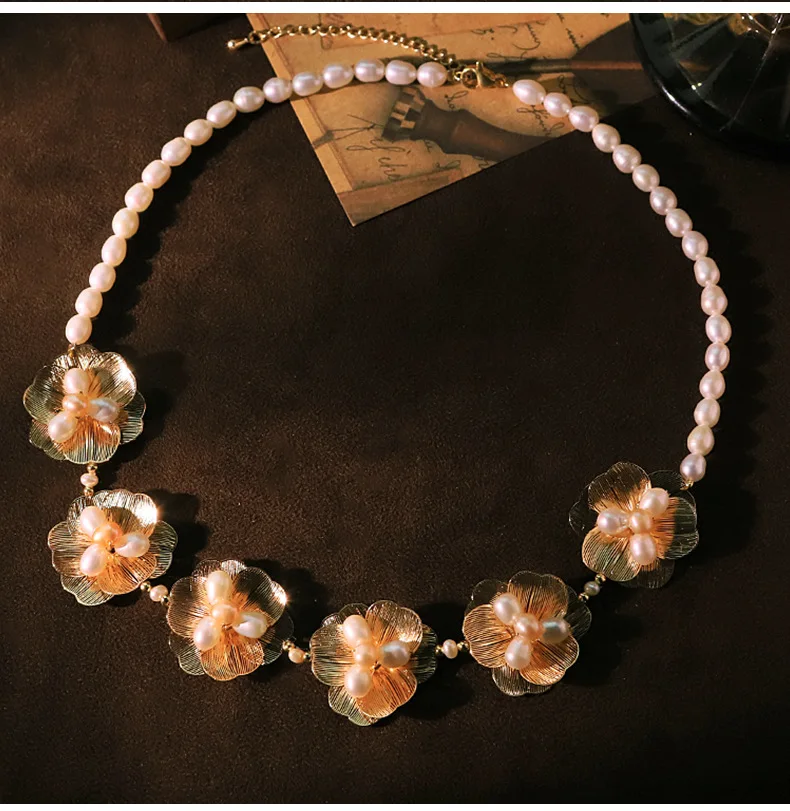 

Designer Pearl Choker Necklace Natural Pearl with Copper Flower Pendant Elegant Minimalist Jewelry Gift for Women