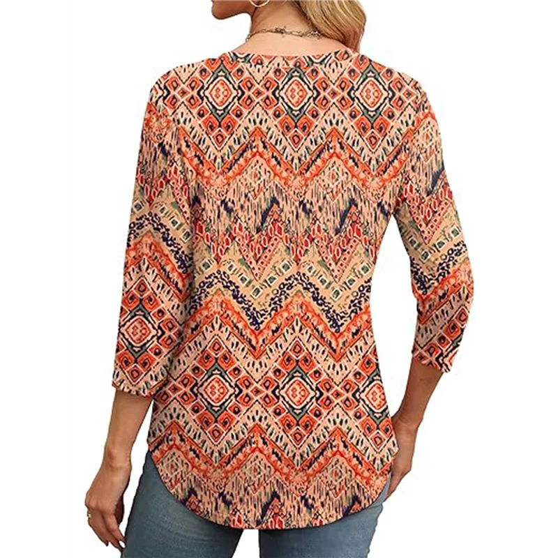 AG-3/4 Length Sleeve Womens Tops Round Neck Casual Tunic Tops Basic Pleated Shirts Loose Fit 2025