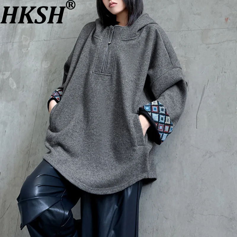 

HKSH 2025 Autumn Winter New Women's Sweatshirt Hooded Half-zipper Pockets Versatile Dark Streetwear Trend Thickened Tops HK14933