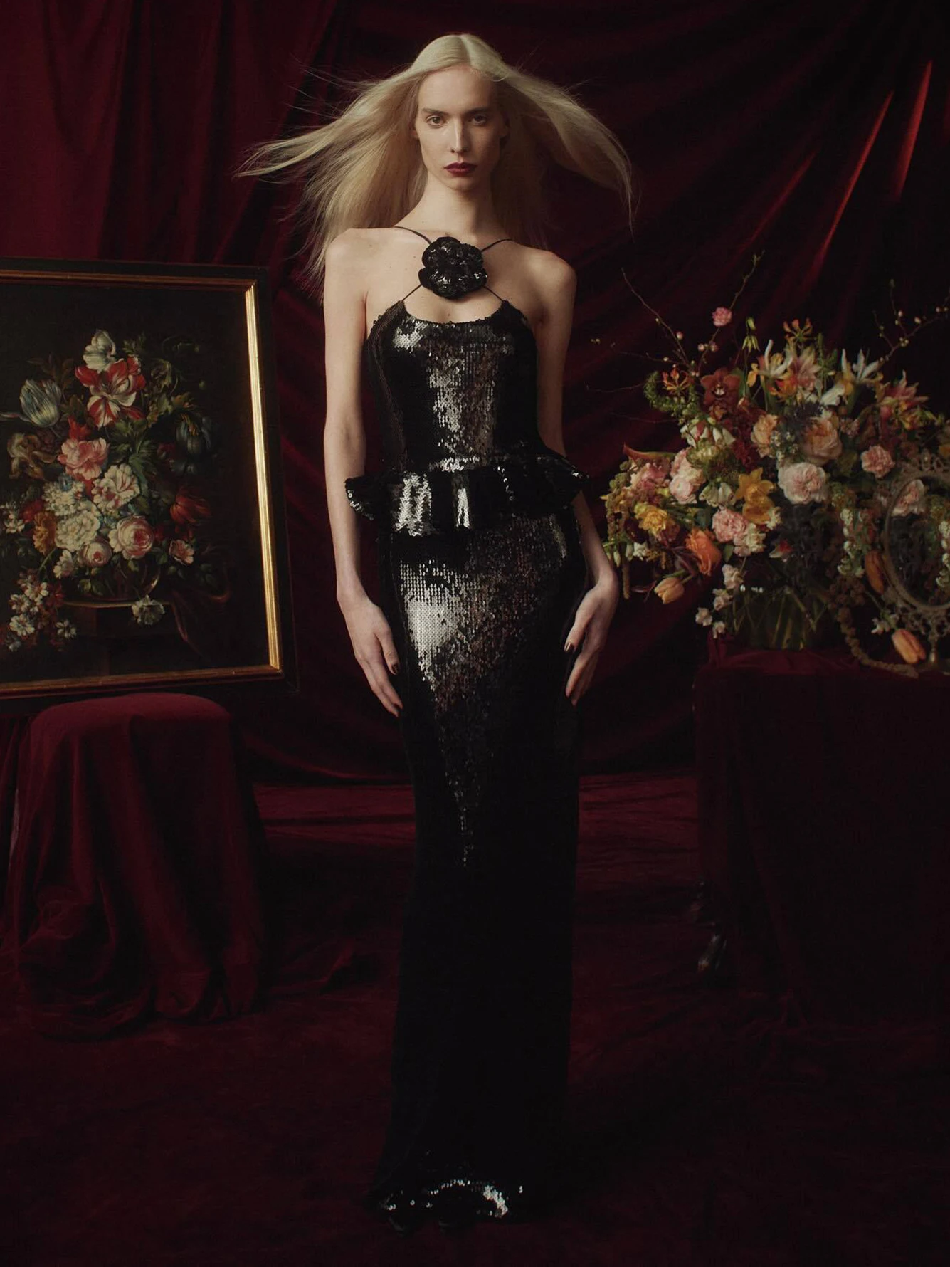 عالية الجودة المرأة أسود مثير أكمام عارية الذراعين ثلاثية الأبعاد الأزهار الفاخرة الترتر فستان ماكسي أنيق المشاهير فستان الحفلات Vestidos #4