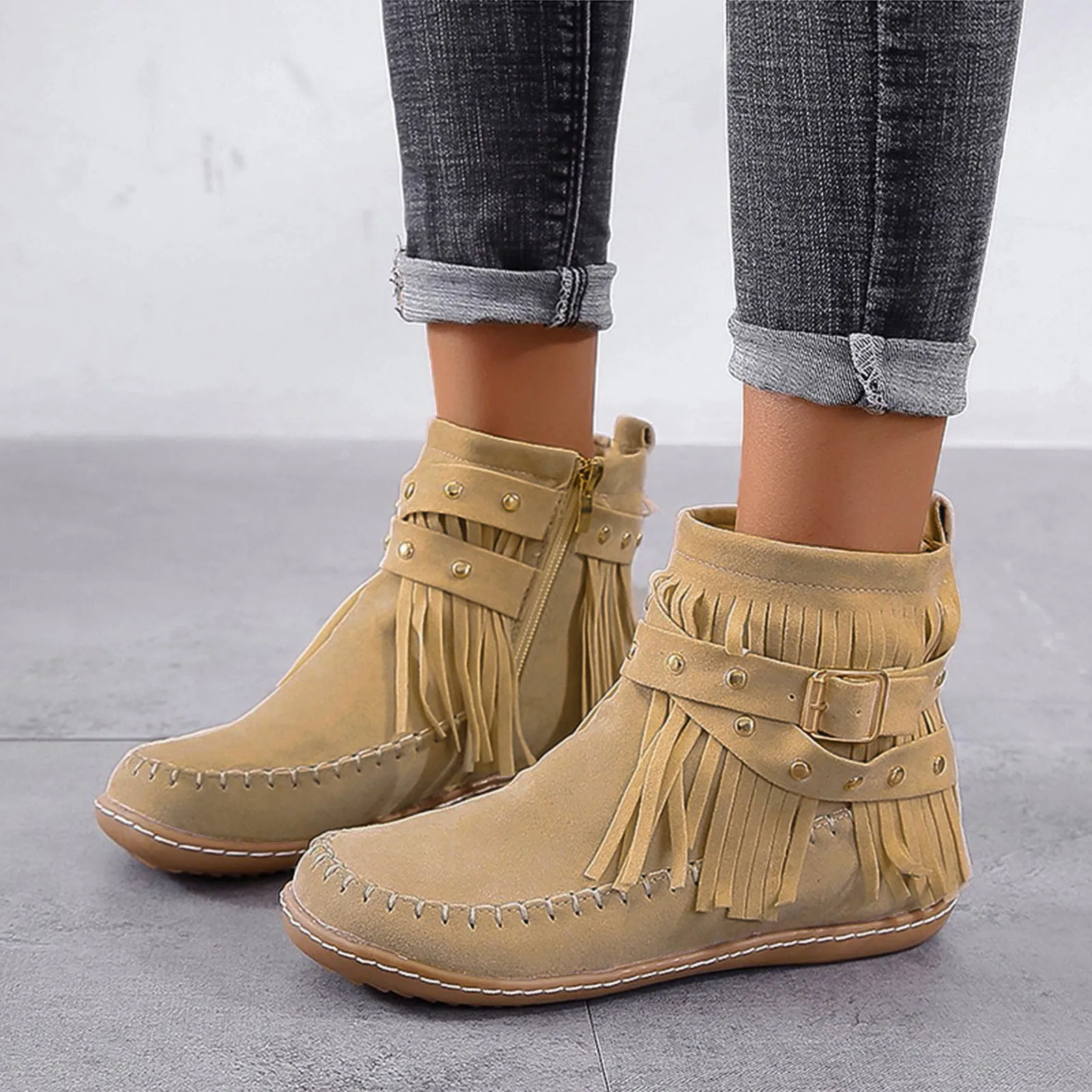 

Retro Suede Tassel Boots Autumn Flat Heel Ankle Boots Women Boots Fashion Round Toe Soft Sole Short Boots Casual Women Shoes