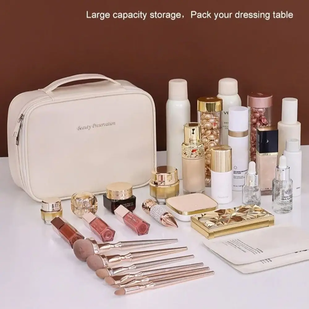 Portable Double Layer Cosmetic Bag Large Capacity Waterproof Makeup Bag Zippered Cosmetics Organizer