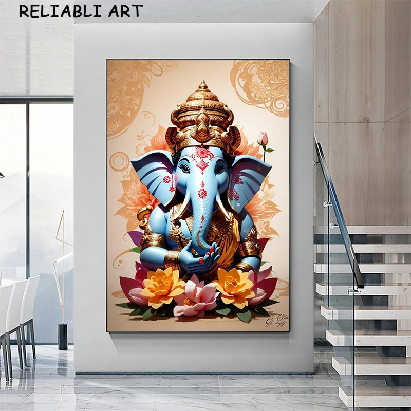 India God Ganesha Flower Portrait Poster and Prints Wall Art Pictures Canvas Painting for Living Room Home Decor No Frame