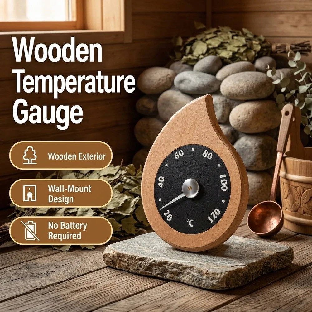 Teardrop Wooden Sauna Gauge for Steam Room Wall Mount Temperature Monitoring High Contrast Black Face White Numbers