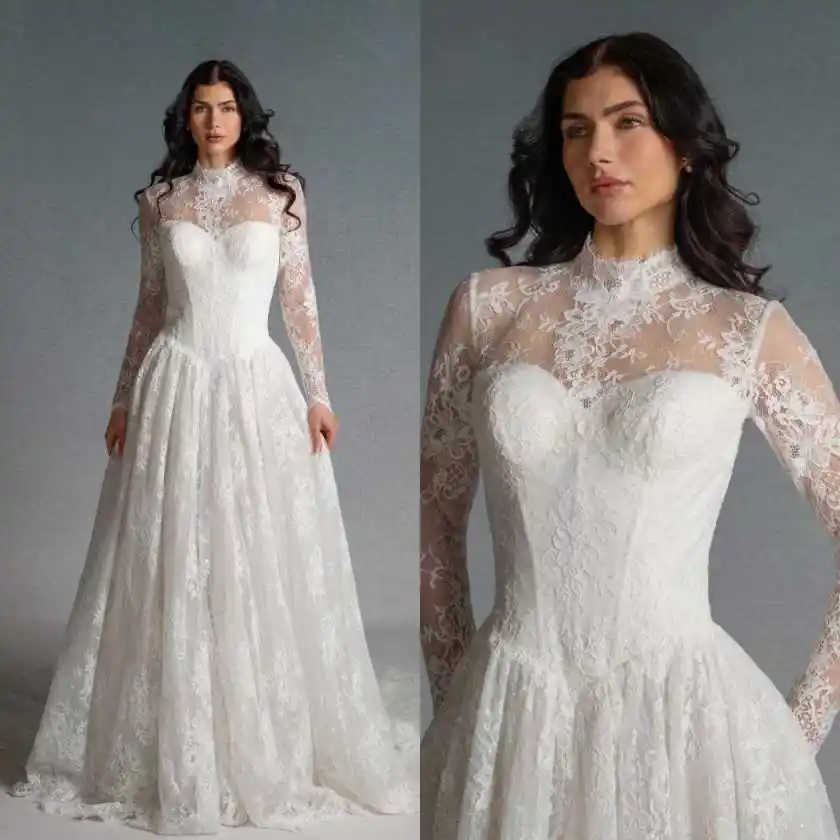 Stunning High-Neck Lace Wedding Dress Long Sleeves Sweetheart A-Line Sweep Train Formal Bridal Gown Vestidos Mujer Customized