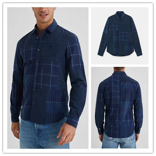 

Foreign trade original single Spain new style to do old patchwork irregular plaid square collar casual men's shirt shirt