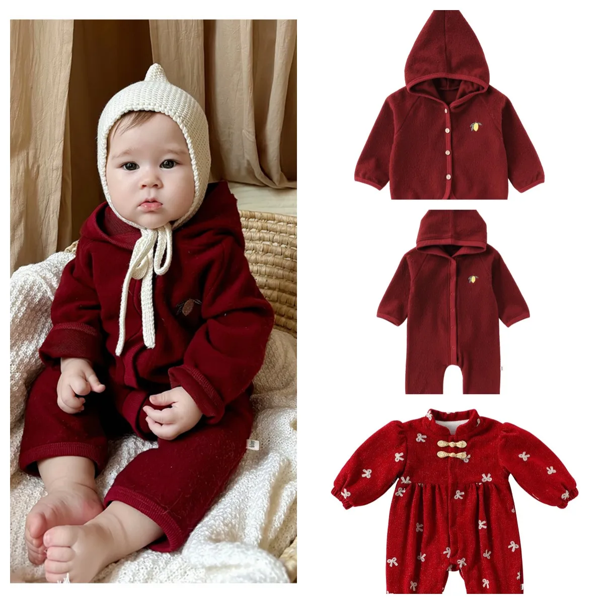 

Baby Boys and Girls Romper Onesies Winter Warm Baby Hooded Climbing Clothes Red Going Out Clothes
