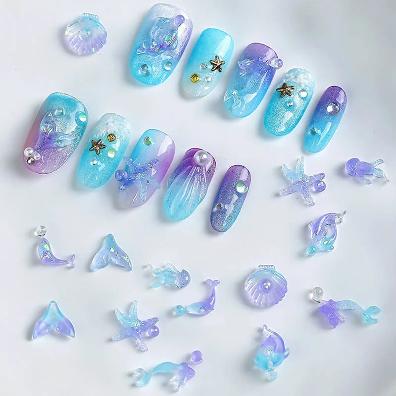 Random Mixed Dreamy Blue Purple Gradient Ocean Series Nail Art Charms Resin Shell Fish Tail Nail Art Decorations Manicure DIY