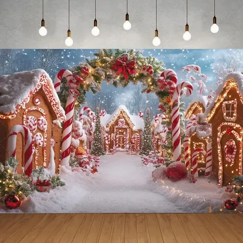 Winter Christmas candy arch banner Backdrop, gingerbread decoration house, children's portrait photography Backdrop photo props