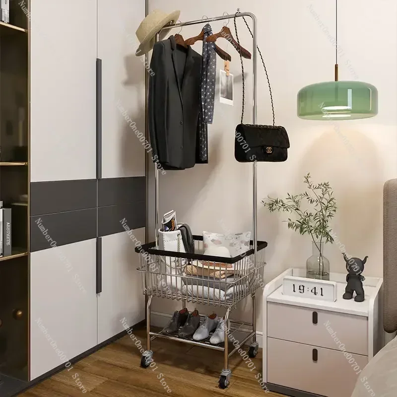 Simple Coat Rack Floor Bedroom Shelves Household Storage Basket Removable Clothes Rack Thickened Cart Storage Racks