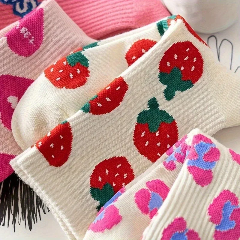 5 Pairs Cute Women's Socks - Mixed Patterns of Hearts,Strawberries,Letters and Checks,Soft Mid-Calf Socks for Year-Round Wear