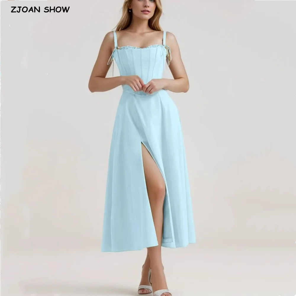 2024 Sexy Aqua blue Hem Slit Swing Midi Long Strapless Dress With Bow Strap Slim Corsets Crop Top Fairy Robe 2 pieces 1 Set