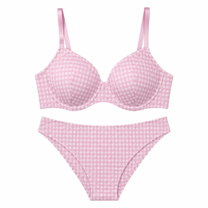 Women's Simple Checkered Lingerie Set Seamless Comfortable Breathable Bra Panties Set Adjustable Strap Sexy Lingerie