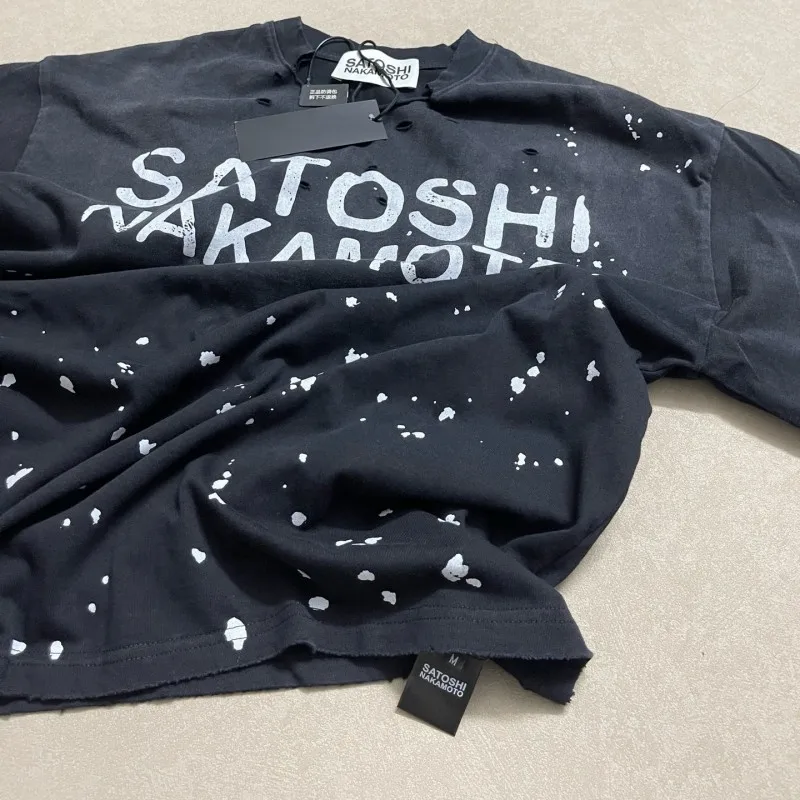 Y2K Hiphop Street Distressed Washed Worn Holes SATOSHI Irregular Ink Splashing Fading Letters Round Neck Short Sleeve Men Women