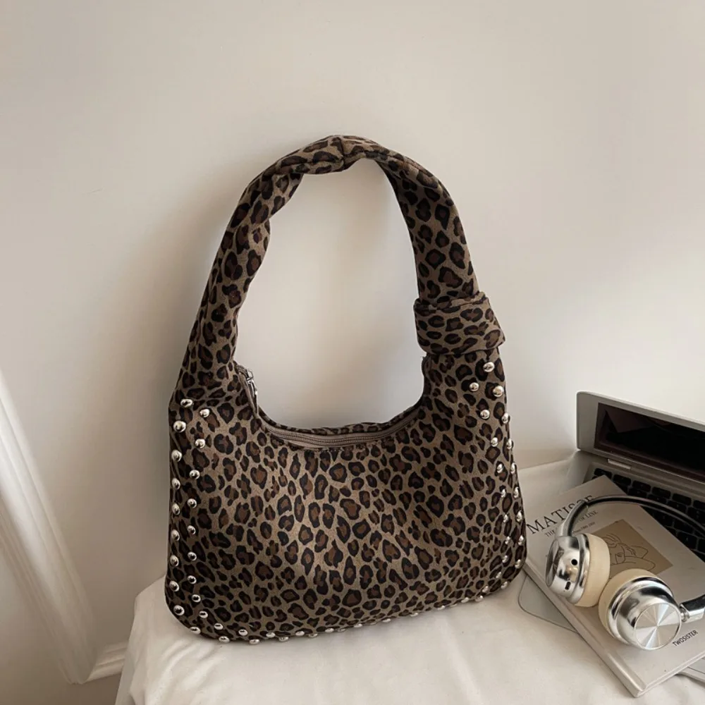 

Fashion Lazy Style Leopard Print Tote Bag Vintage Retro Underarm Bag Commuting Eelgant Canvas Rivet Shoulder Bag Girls