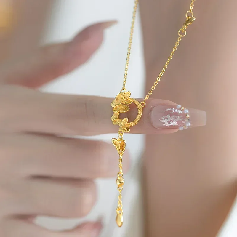 

9999 Real Gold 24K Niche Super Fairy Premium Butterfly Wreath Clavicle Chain Fashion Butterfly Tassel Necklace