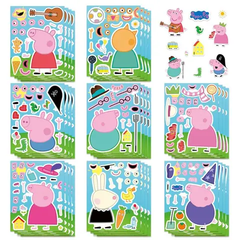 Bilashmart 16 Peppa Pig family assembly puzzle cartoon stickers, pink and blue parent-child educational toys, diy companion gifts