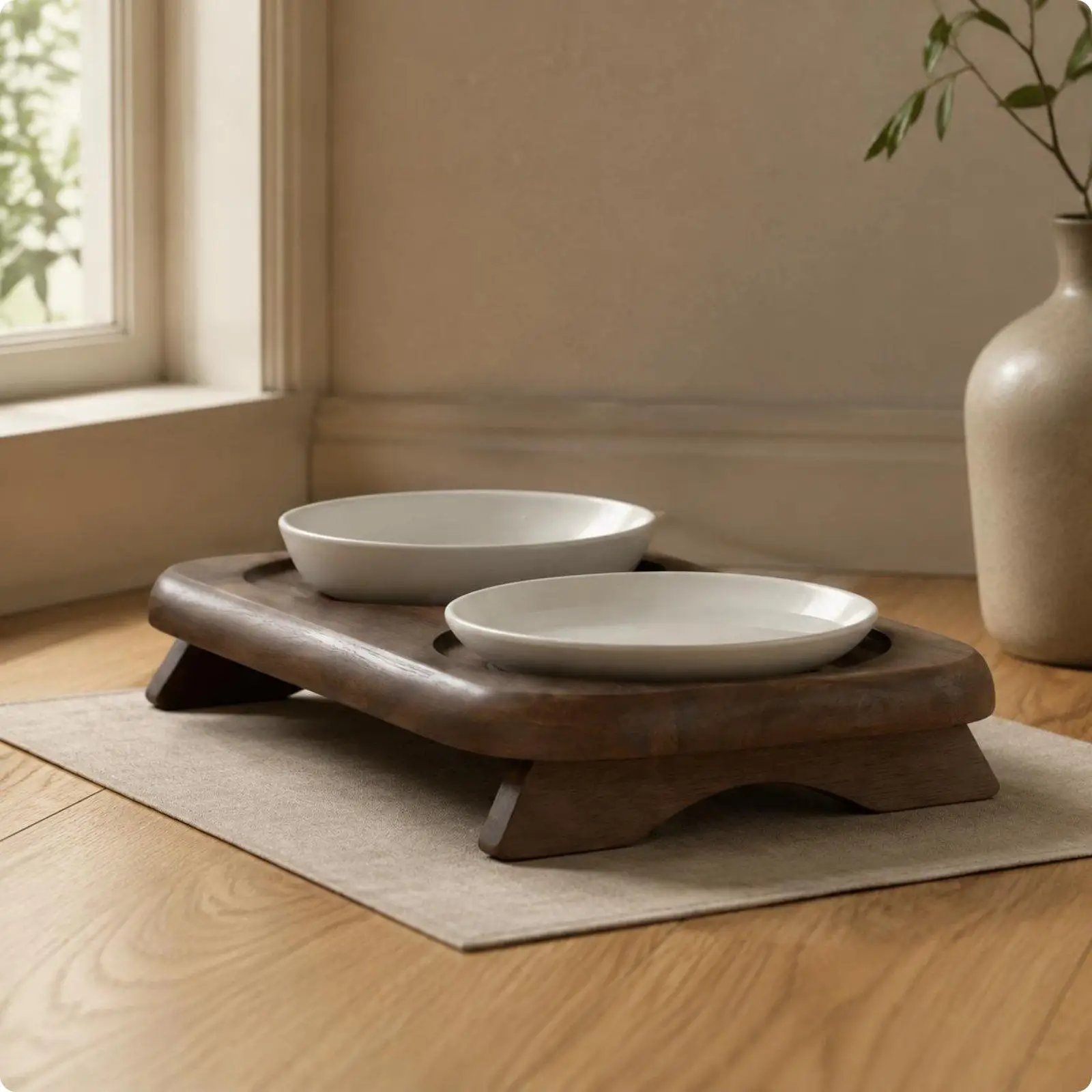 Double Ceramic Pet Bowl Stand Non-Slip Elevated Cat Bowl Set Hard to Tip over Wooden Pet Feeder for Cat, Small Dogs, Indoor