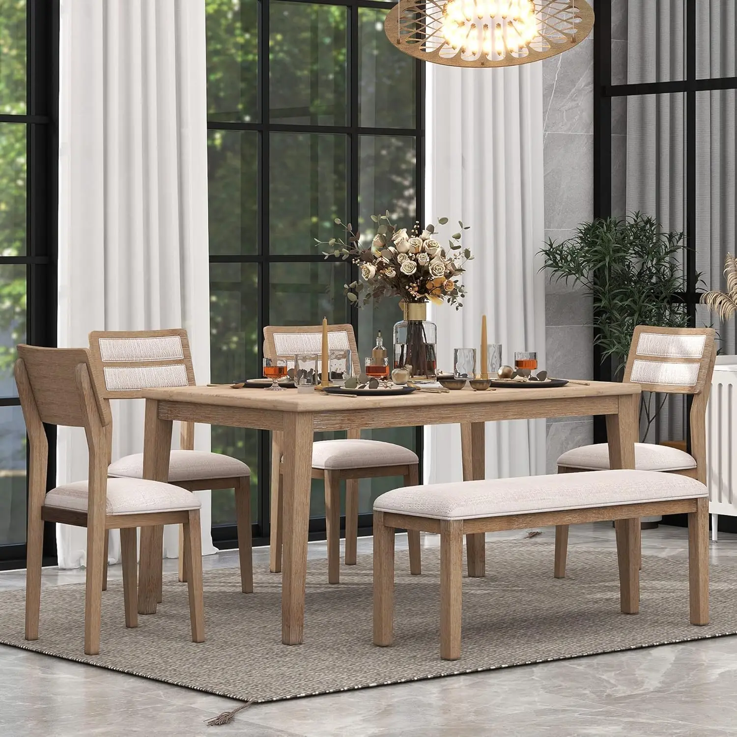 6 Piece Kitchen Dining Table Set, 60 inch Wooden Rectangular Table, Dining Room Table, Living Room Furniture (Natural Wood Wash)