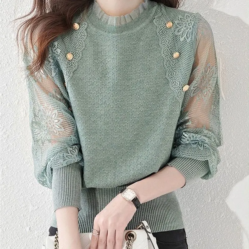 Sweet Floral Lace Spliced Blouse Fashion Hollow Out Female Clothing Solid Color O-Neck Spring Autumn Long Sleeve Knitted Shirt