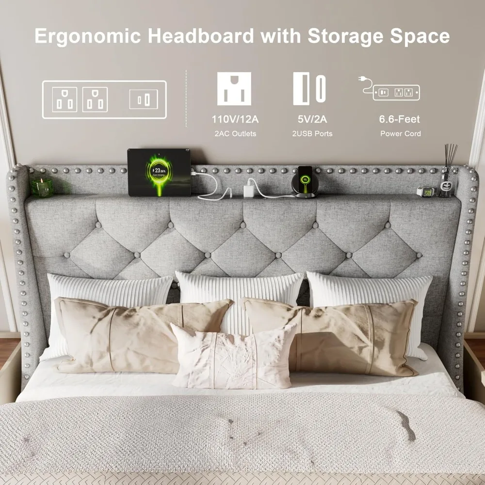 Luxury Wingback Full Size Bed Frame with Upholstered Button Tufted Storage Headboard and Fast Charging Station